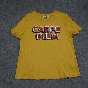 Sunday Stevens Shirt Womens Large L Yellow Red Short Sleeve Tee Solid Carpe Diem